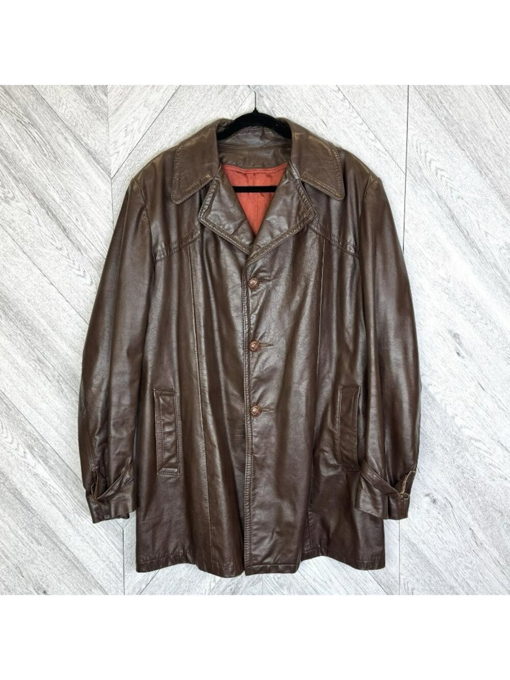 Vintage 70s Sears Brown Leather Jacket Car Coat Mens XL 44T Wide Lapel Retro